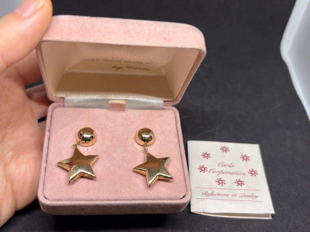 Vintage Carla 14k Gold Wire & 1/20 14k Gold Filled Star Dangle Earrings W Box